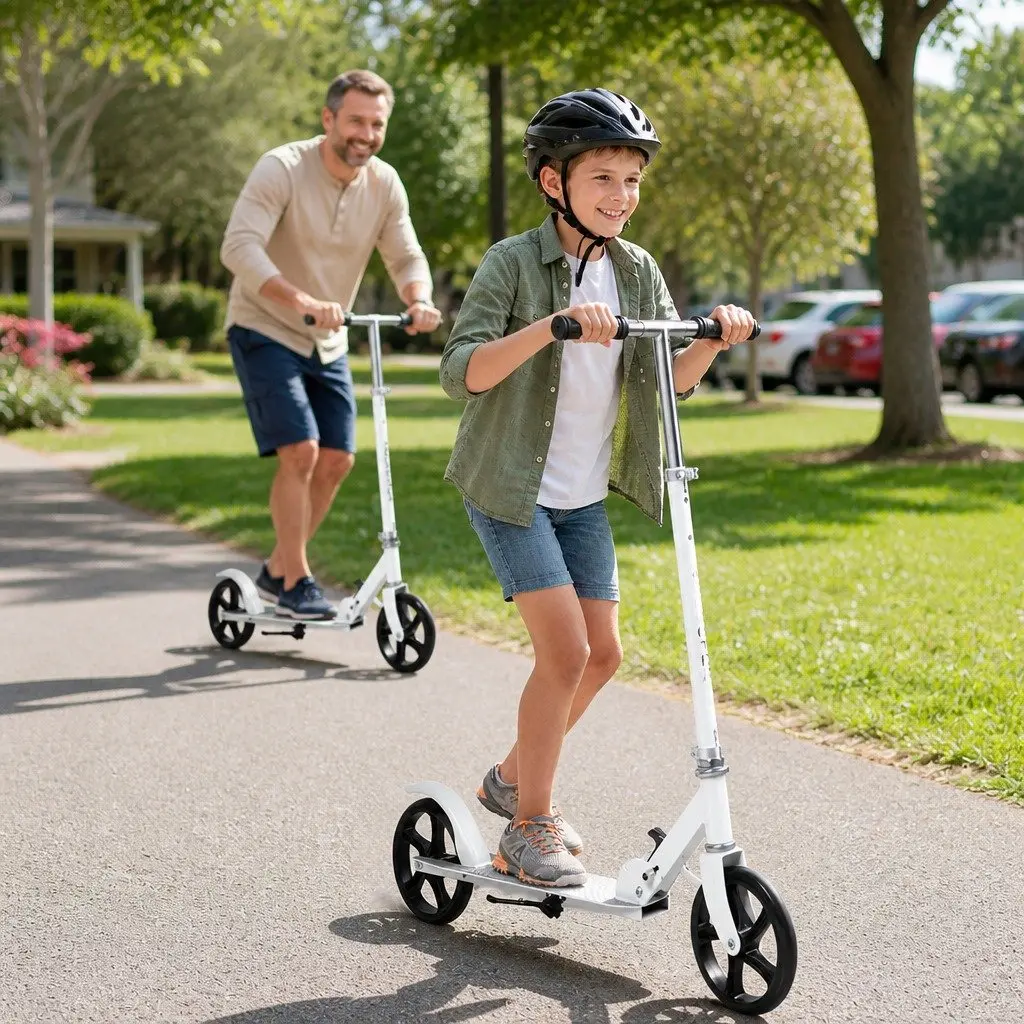 Folding Push Scooter Steel Frame Adjustable Height Dual Large Wheels White