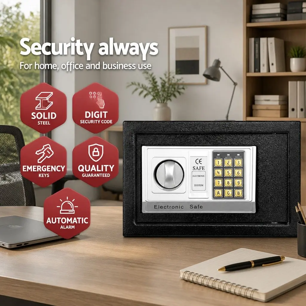 Digital Safe Box Steel 8.5L Black Home Office Security Cash Deposit Keypad