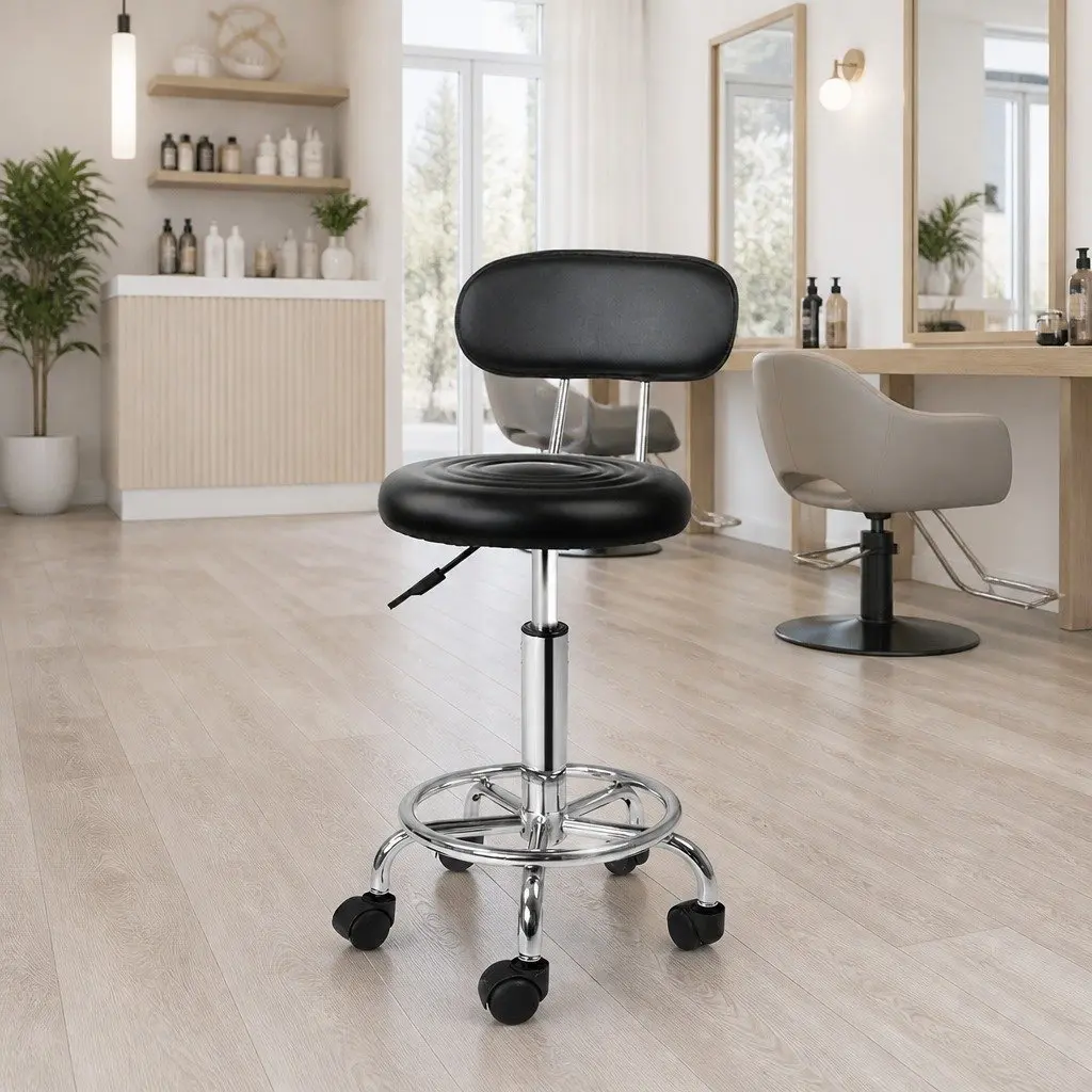 Salon Stool PU Leather Adjustable Height Black Swivel Chair with Backrest