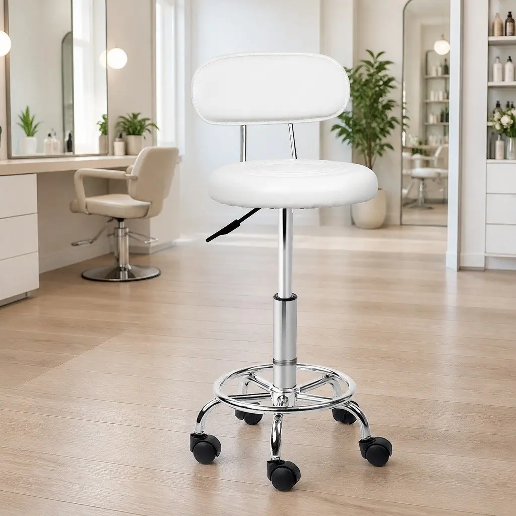 Salon Stool PU Leather Round Seat Adjustable Height Rotating White