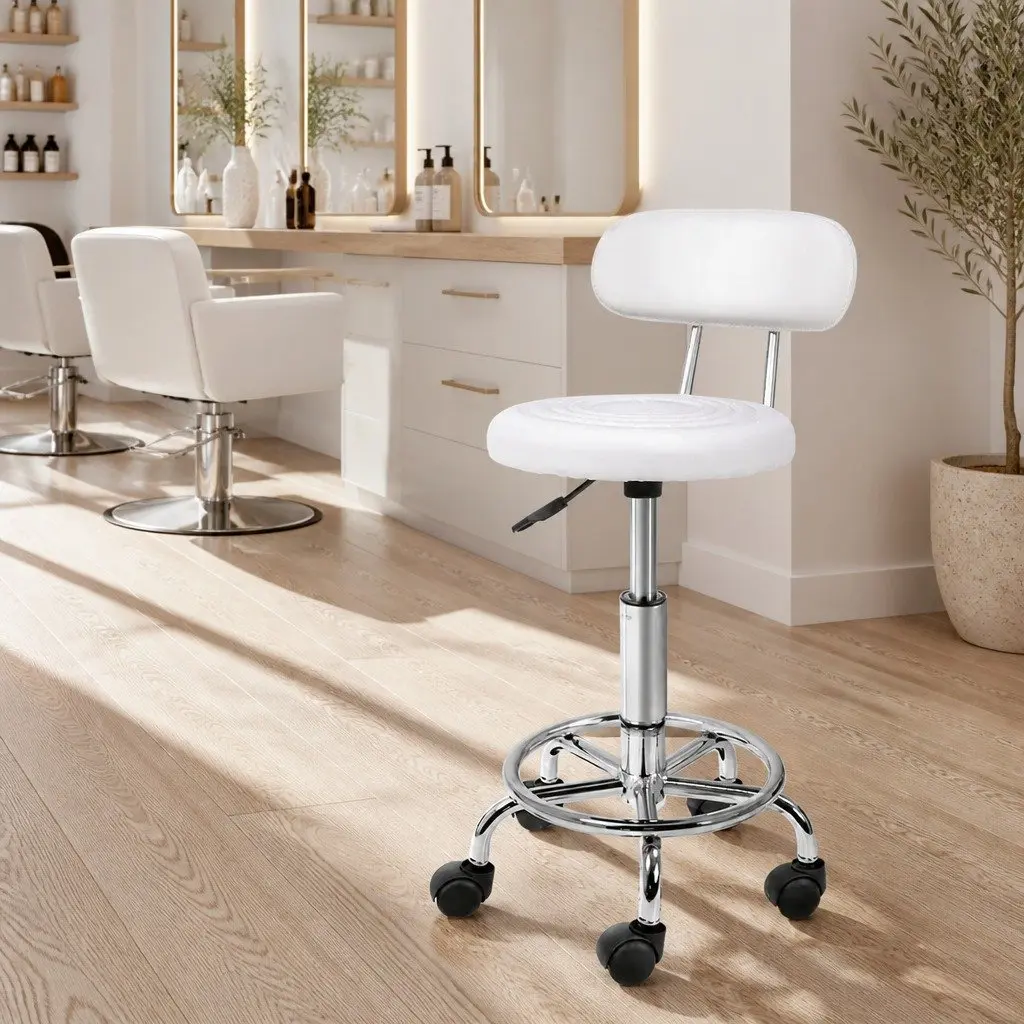 Salon Stool PU Leather Round Seat Adjustable Height Rotating White