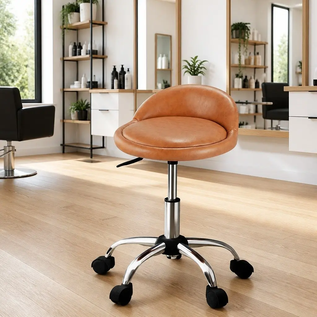 Brown Salon Stool with Backrest and Wheels