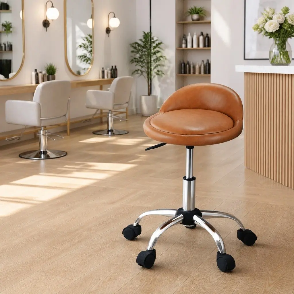 Brown Salon Stool with Backrest and Wheels