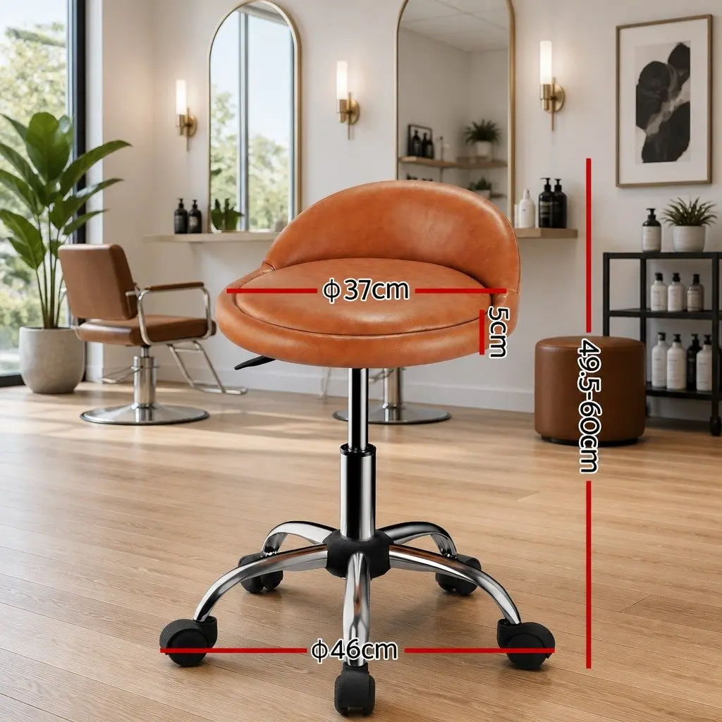 Brown Salon Stool with Backrest and Wheels