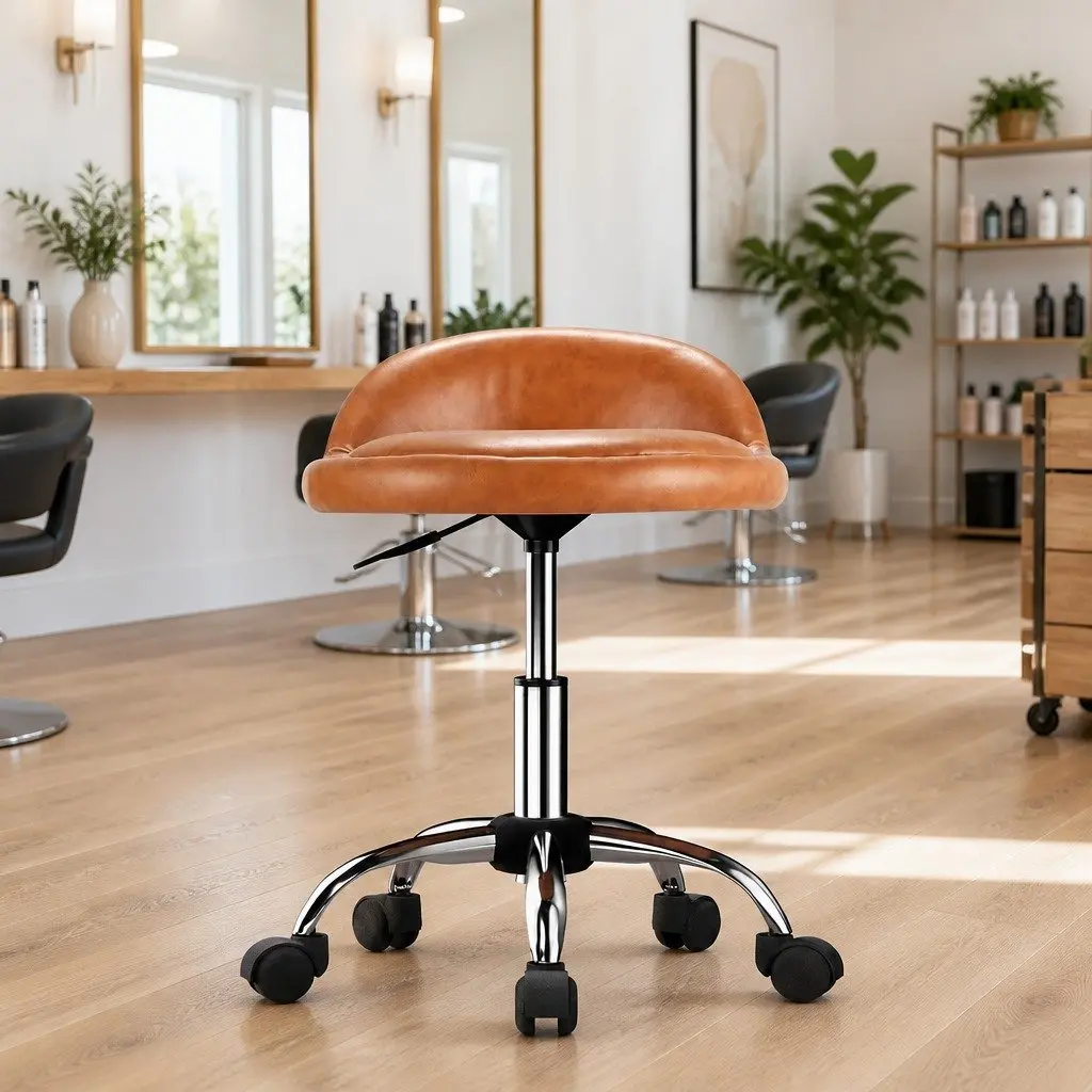 Brown Salon Stool with Backrest and Wheels