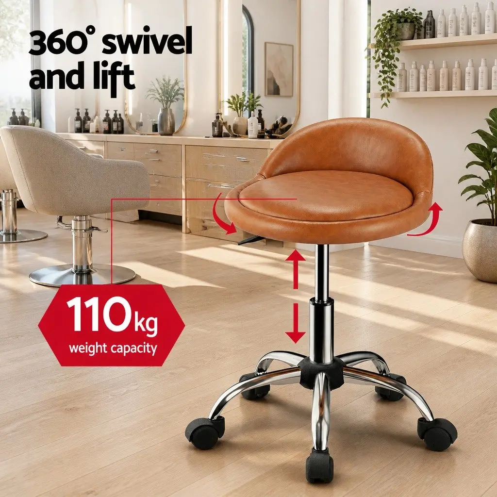 Brown Salon Stool with Backrest and Wheels