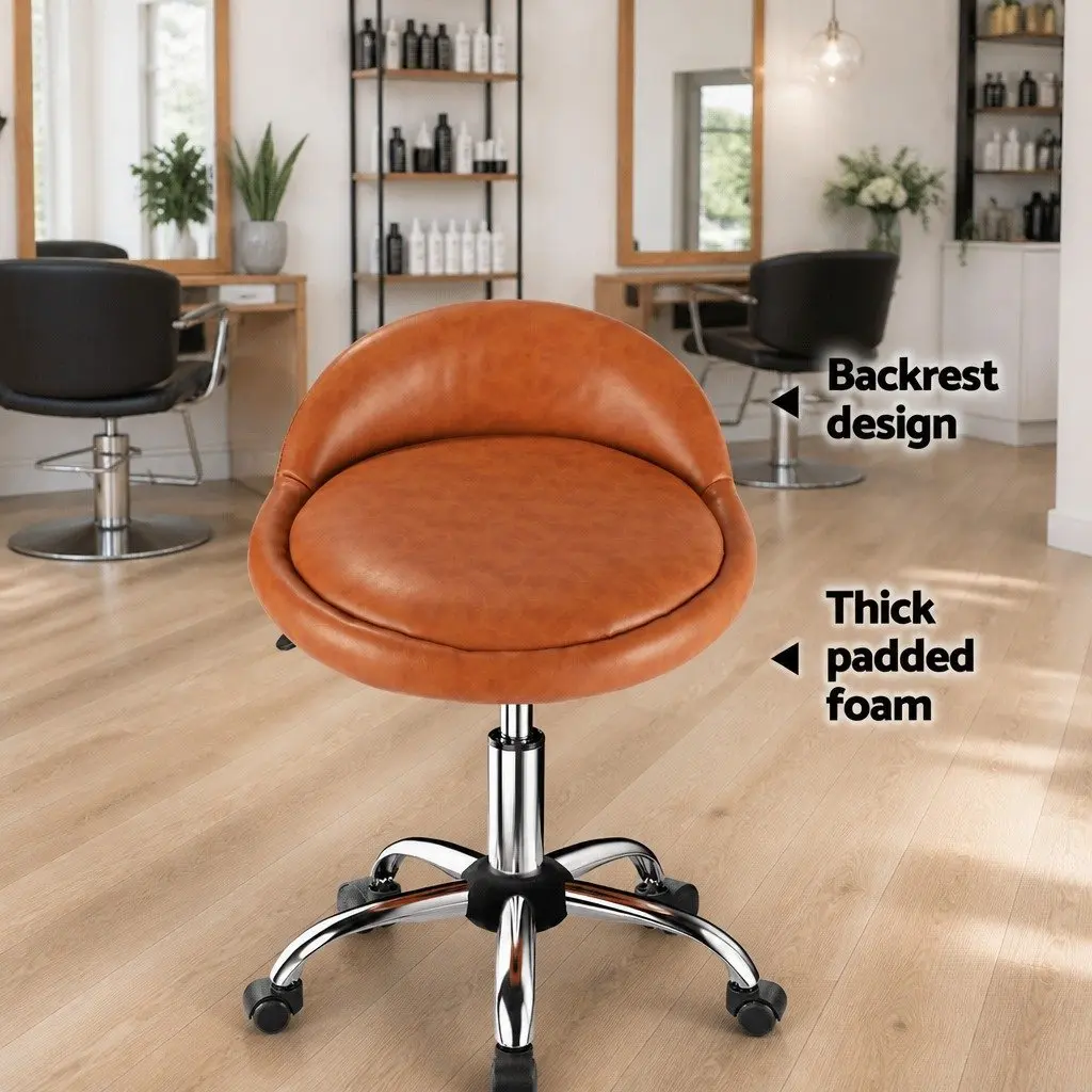 Brown Salon Stool with Backrest and Wheels