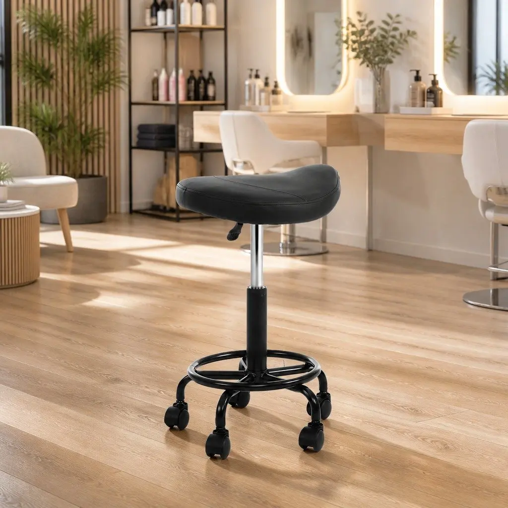 Salon Stool PU Leather Saddle Seat Adjustable Height Black