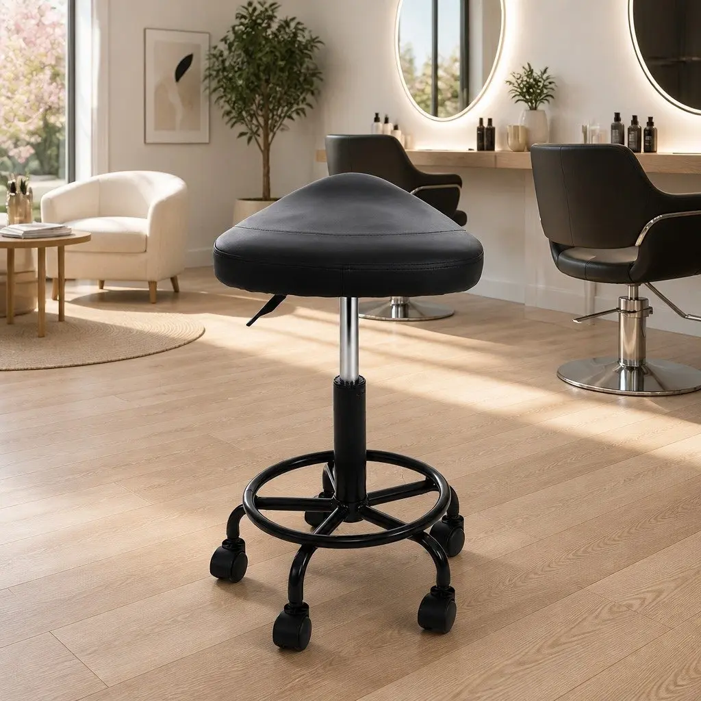 Salon Stool PU Leather Saddle Seat Adjustable Height Black