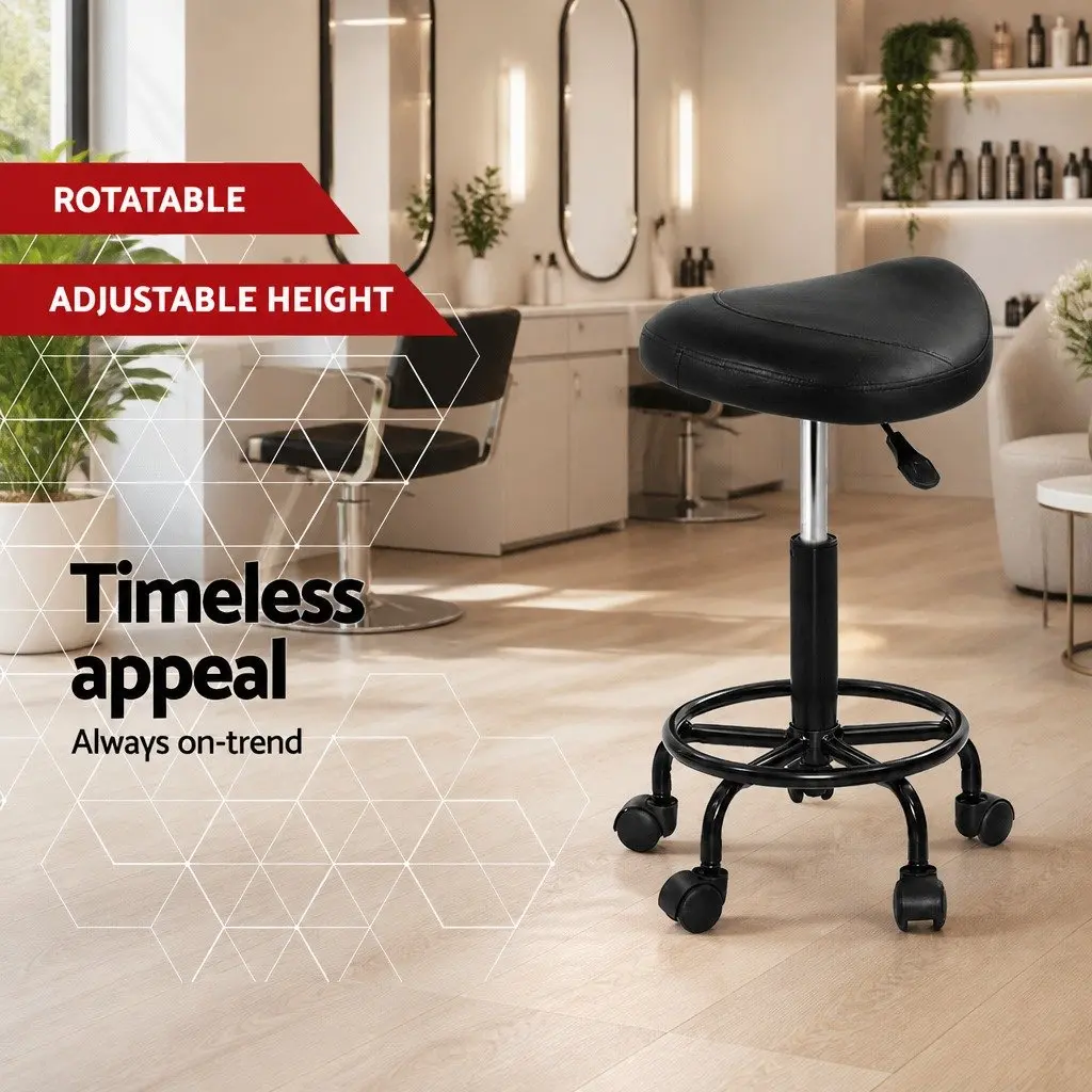 Salon Stool PU Leather Saddle Seat Adjustable Height Black