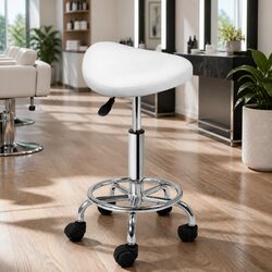 Adjustable White Salon Stool with Swivel Seat and Footrest