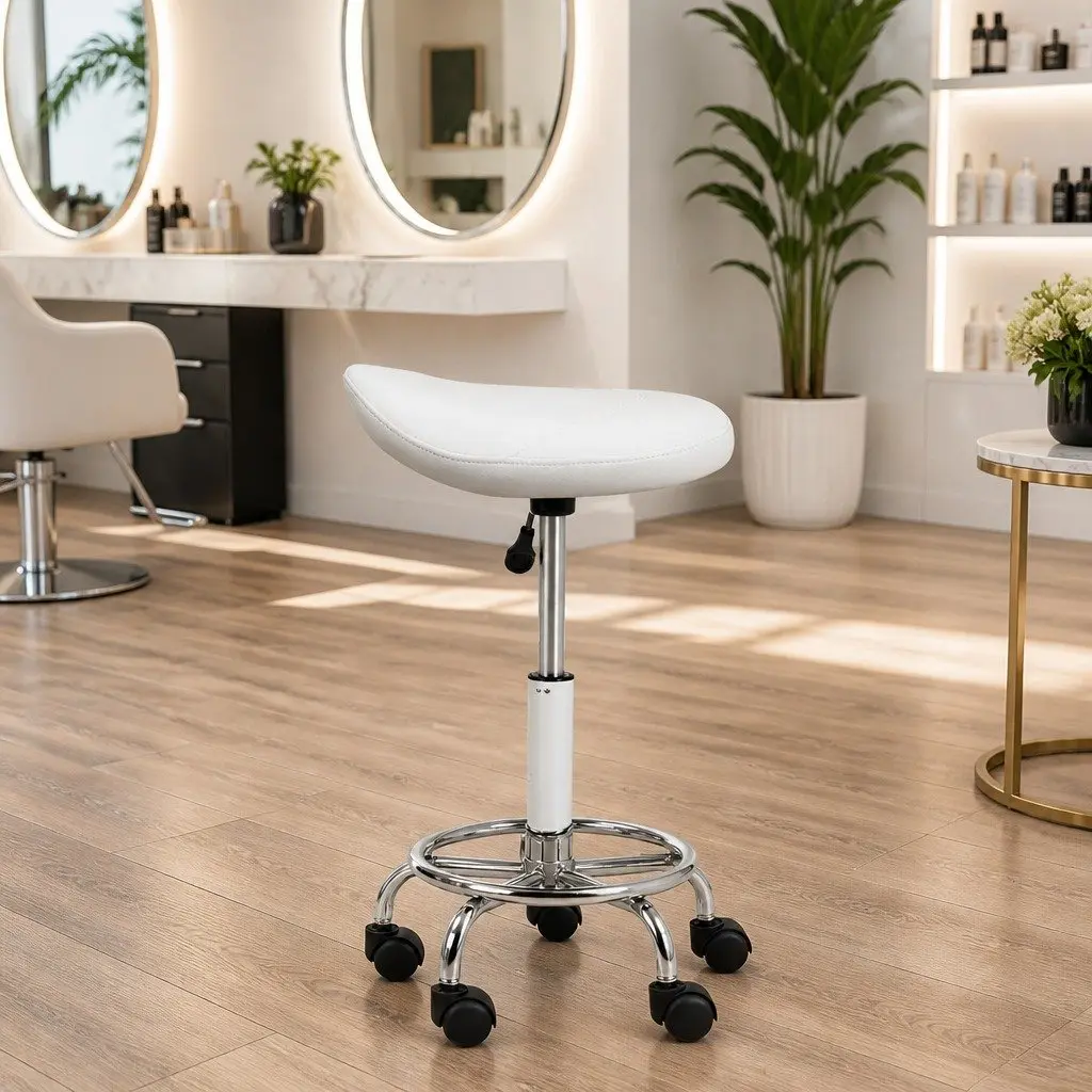 Salon Stool PU Leather White Adjustable Height Chrome Iron Base