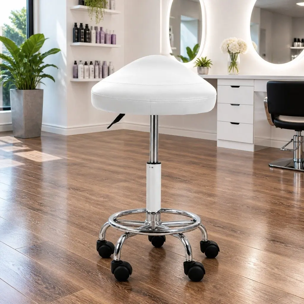 Salon Stool PU Leather White Adjustable Height Chrome Iron Base