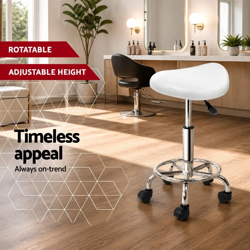 Salon Stool PU Leather White Adjustable Height Chrome Iron Base