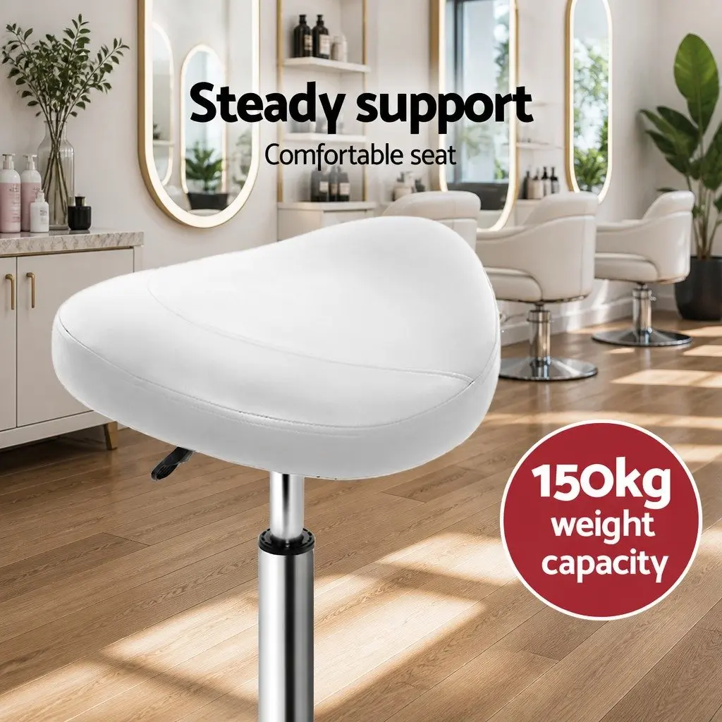 Salon Stool PU Leather White Adjustable Height Chrome Iron Base
