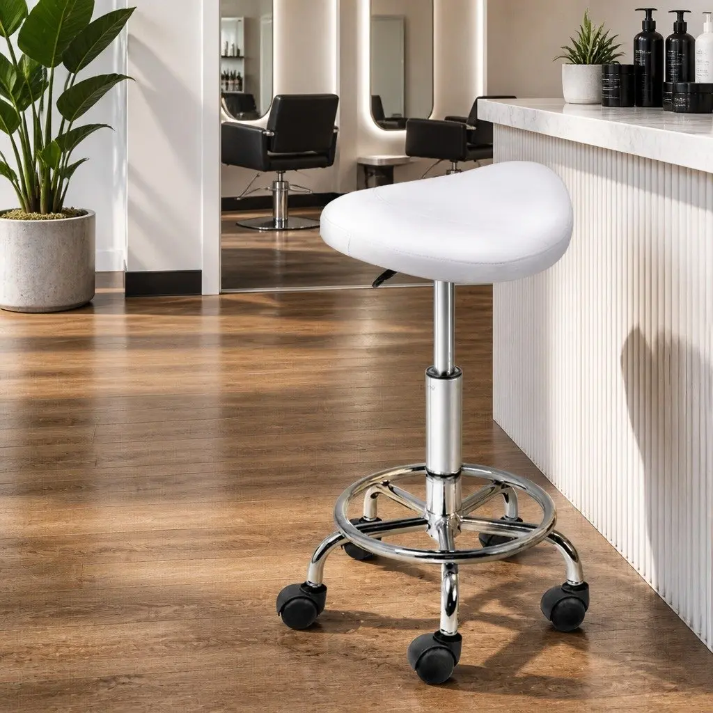 Salon Stool PU Leather White Adjustable Height Chrome Iron Base