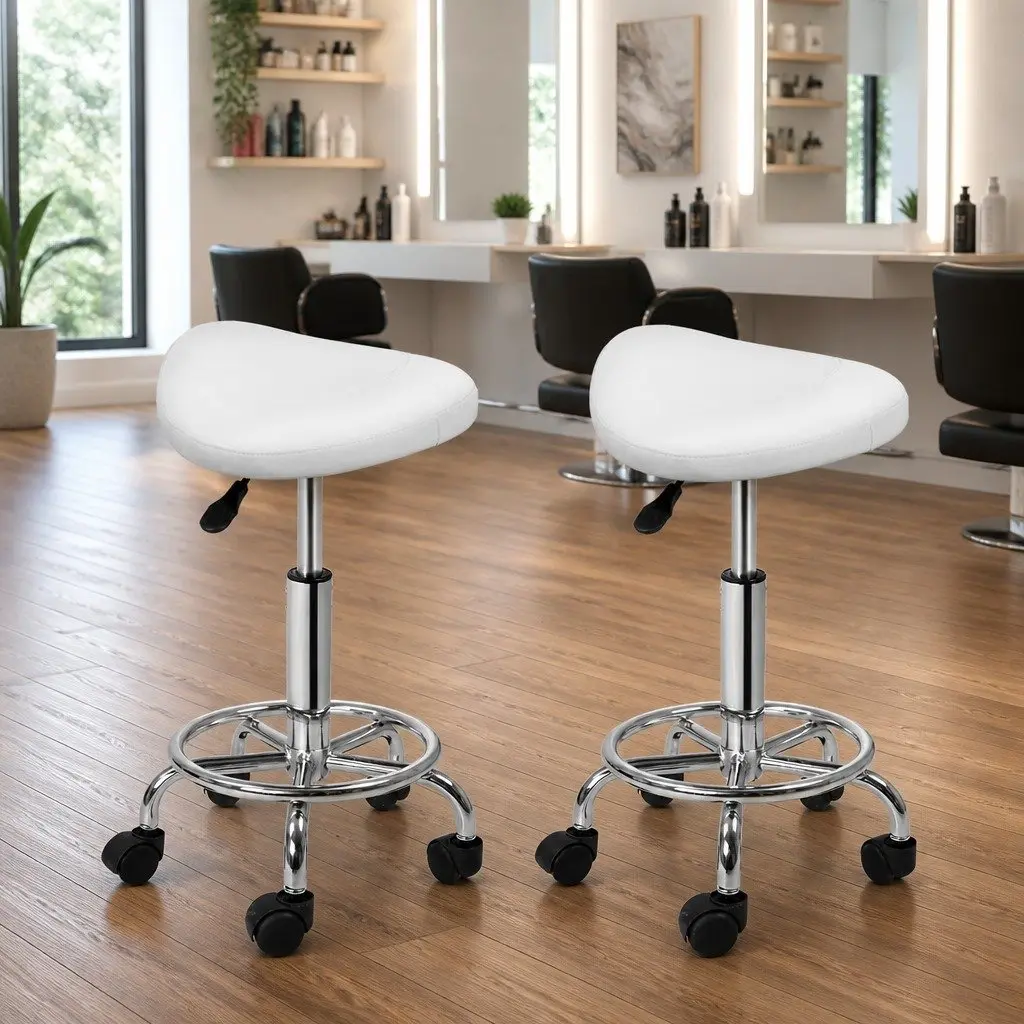 Salon Stool PU Leather White Saddle Seat 360° Rotatable Adjustable Height Chrome Iron Base