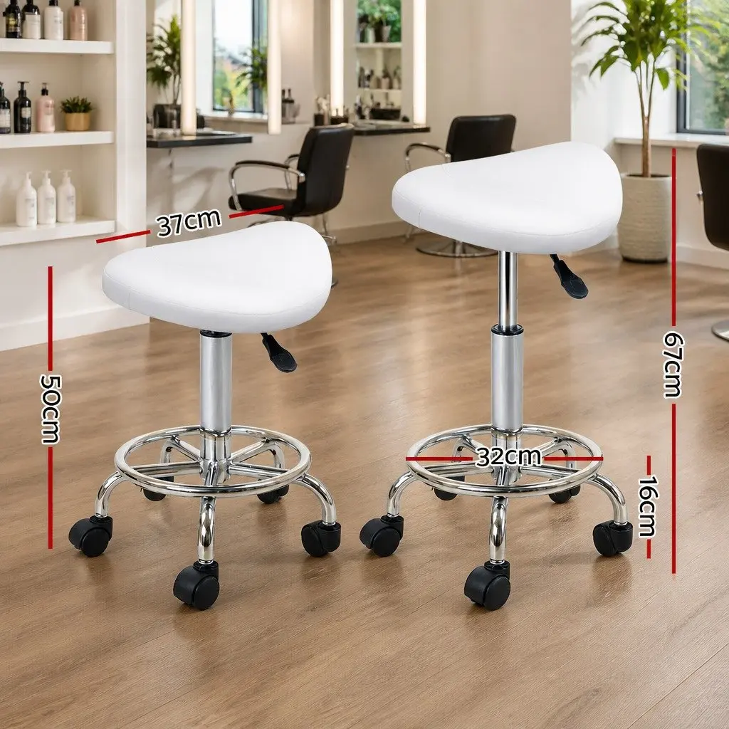Salon Stool PU Leather White Saddle Seat 360° Rotatable Adjustable Height Chrome Iron Base