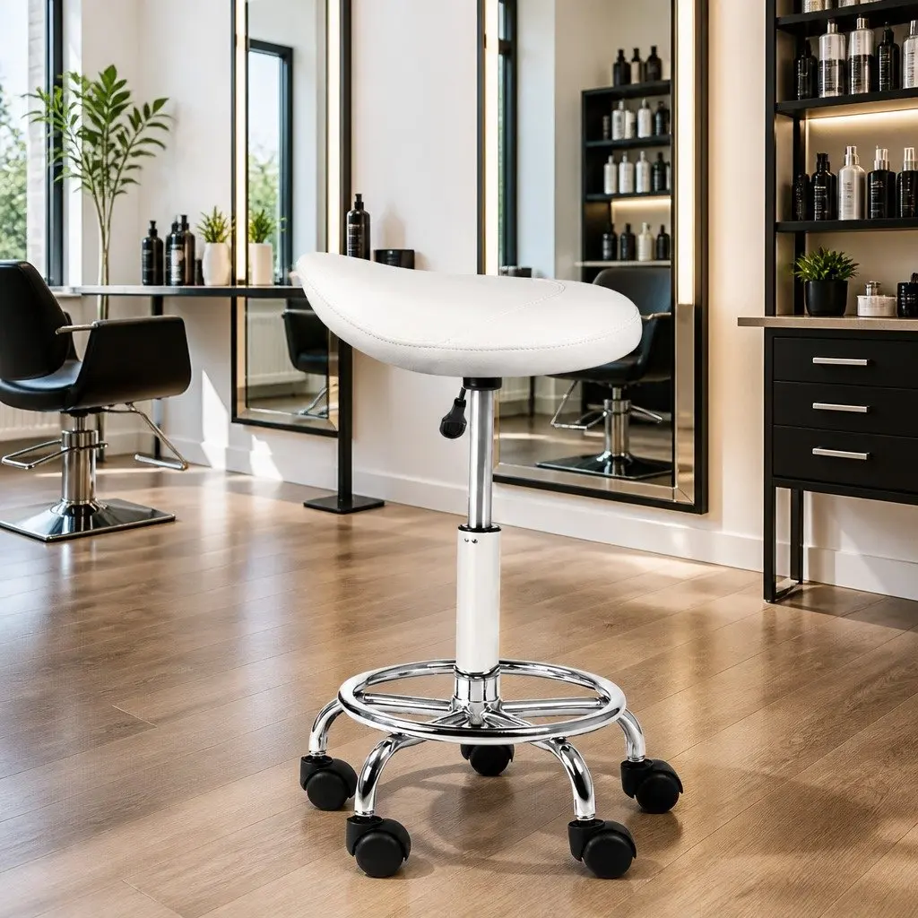 Salon Stool PU Leather White Saddle Seat 360° Rotatable Adjustable Height Chrome Iron Base