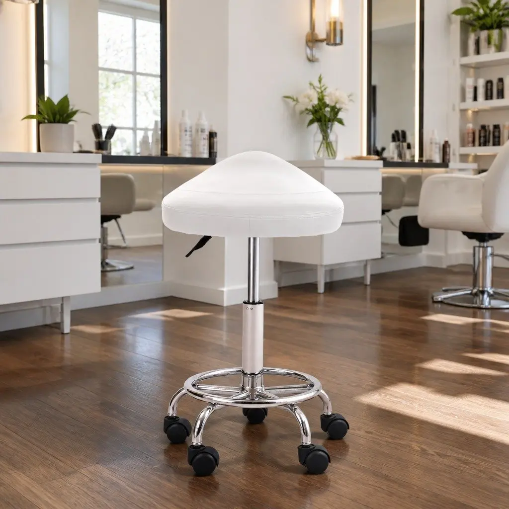 Salon Stool PU Leather White Saddle Seat 360° Rotatable Adjustable Height Chrome Iron Base