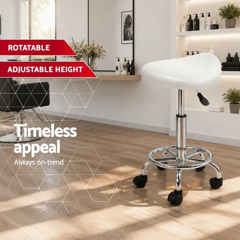 Salon Stool PU Leather White Saddle Seat 360° Rotatable Adjustable Height Chrome Iron Base