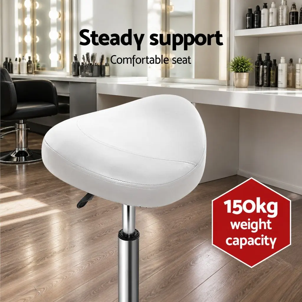 Salon Stool PU Leather White Saddle Seat 360° Rotatable Adjustable Height Chrome Iron Base