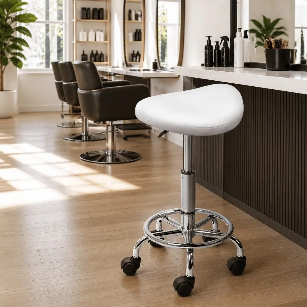 Salon Stool PU Leather White Saddle Seat 360° Rotatable Adjustable Height Chrome Iron Base
