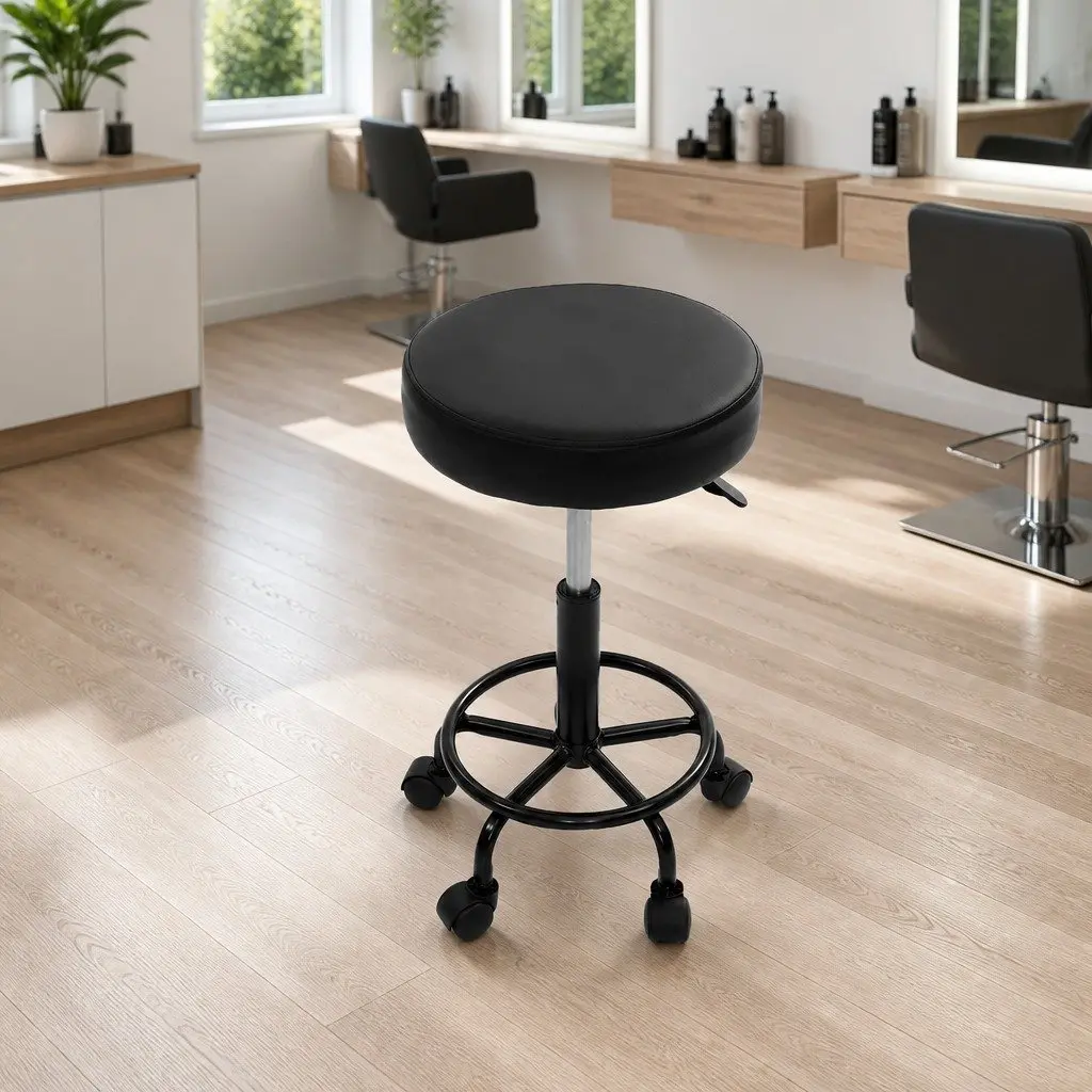 Salon Stool PU Leather Adjustable Height Round Black