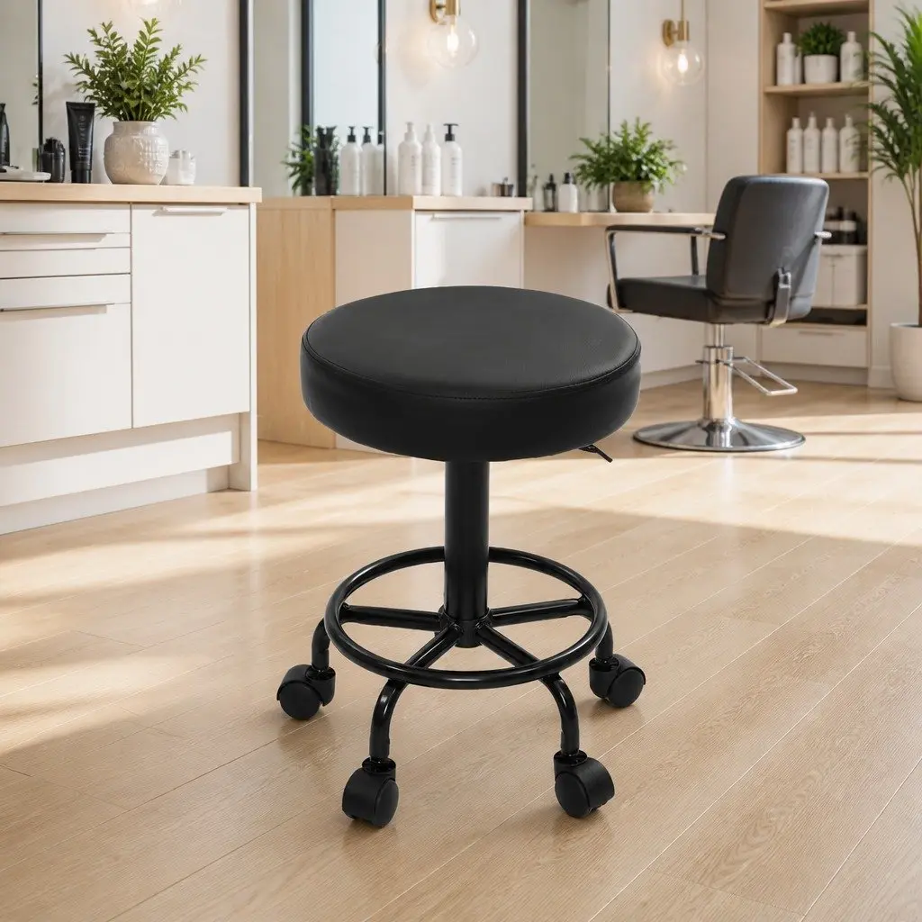 Salon Stool PU Leather Adjustable Height Round Black