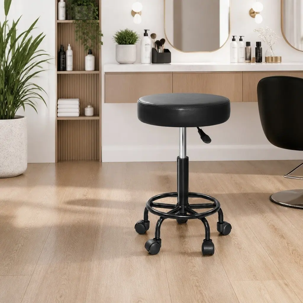 Salon Stool PU Leather Adjustable Height Round Black