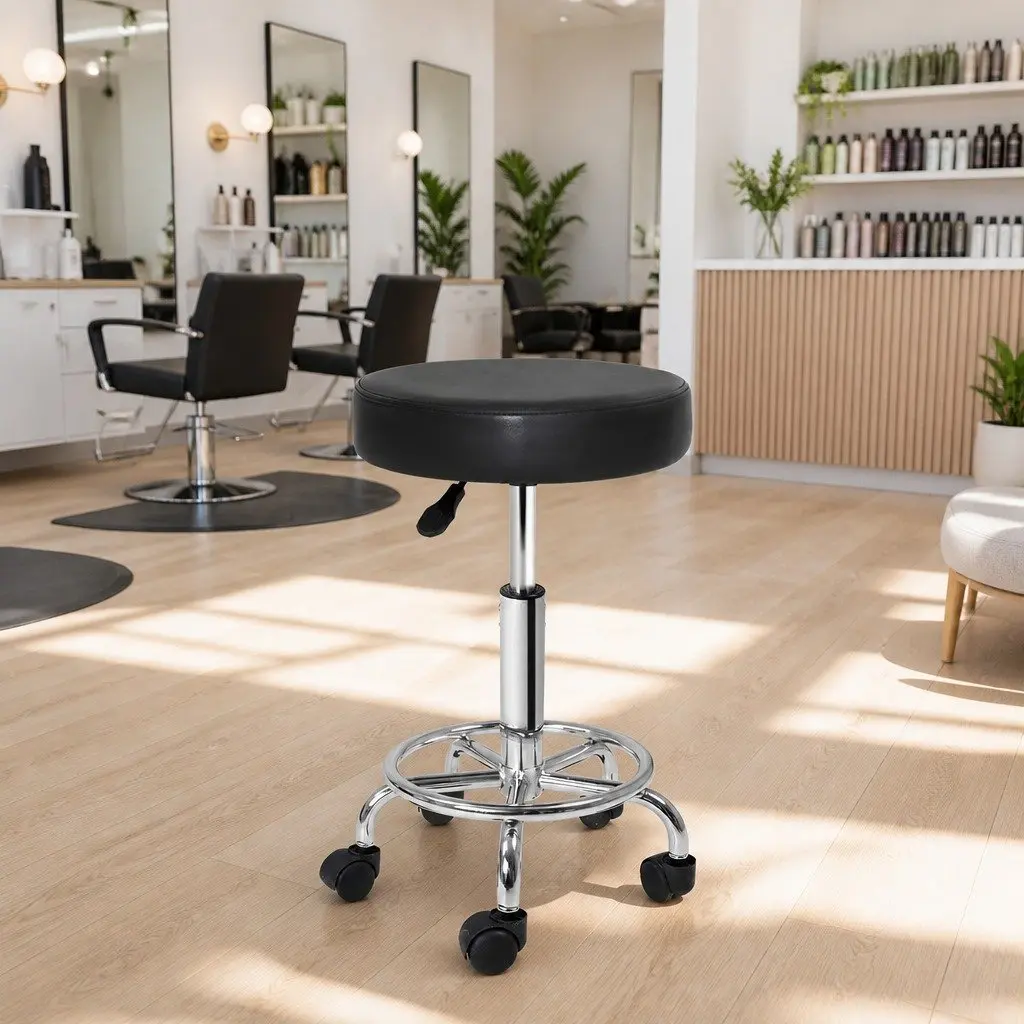 Salon Stool PU Leather Adjustable Height Round Black