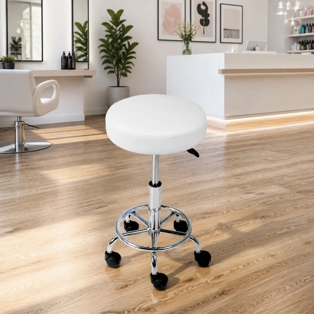 Salon Stool PU Leather Round Swivel Chair Adjustable Height White