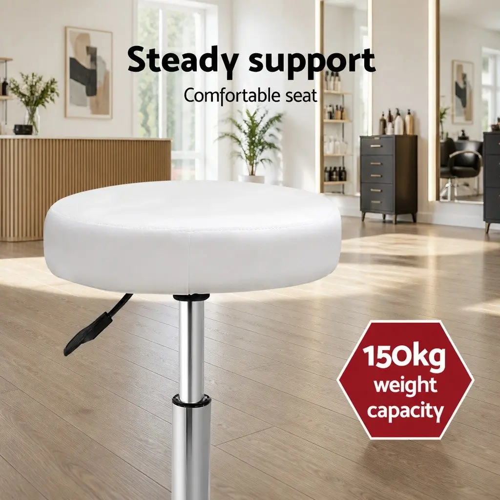 Salon Stool PU Leather Round Swivel Chair Adjustable Height White