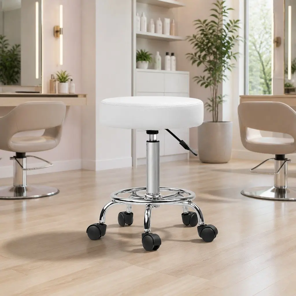 Salon Stool Round Swivel Chair White Adjustable Height Footrest Castor Wheels x2