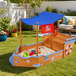 Durable Kids Wooden Boat Sandbox with Canopy and Bench