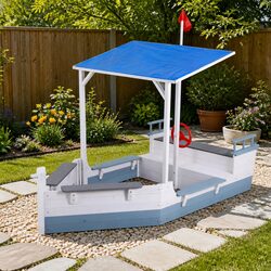 Durable Boat-Shaped Wooden Sandbox with Canopy for Kids