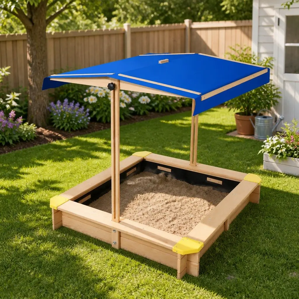 Kids Wooden Sandbox Fir Wood 101cm Square Natural Wood with Canopy Bench Seat