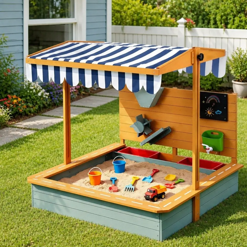 Green Wooden Sandbox With Adjustable Canopy
