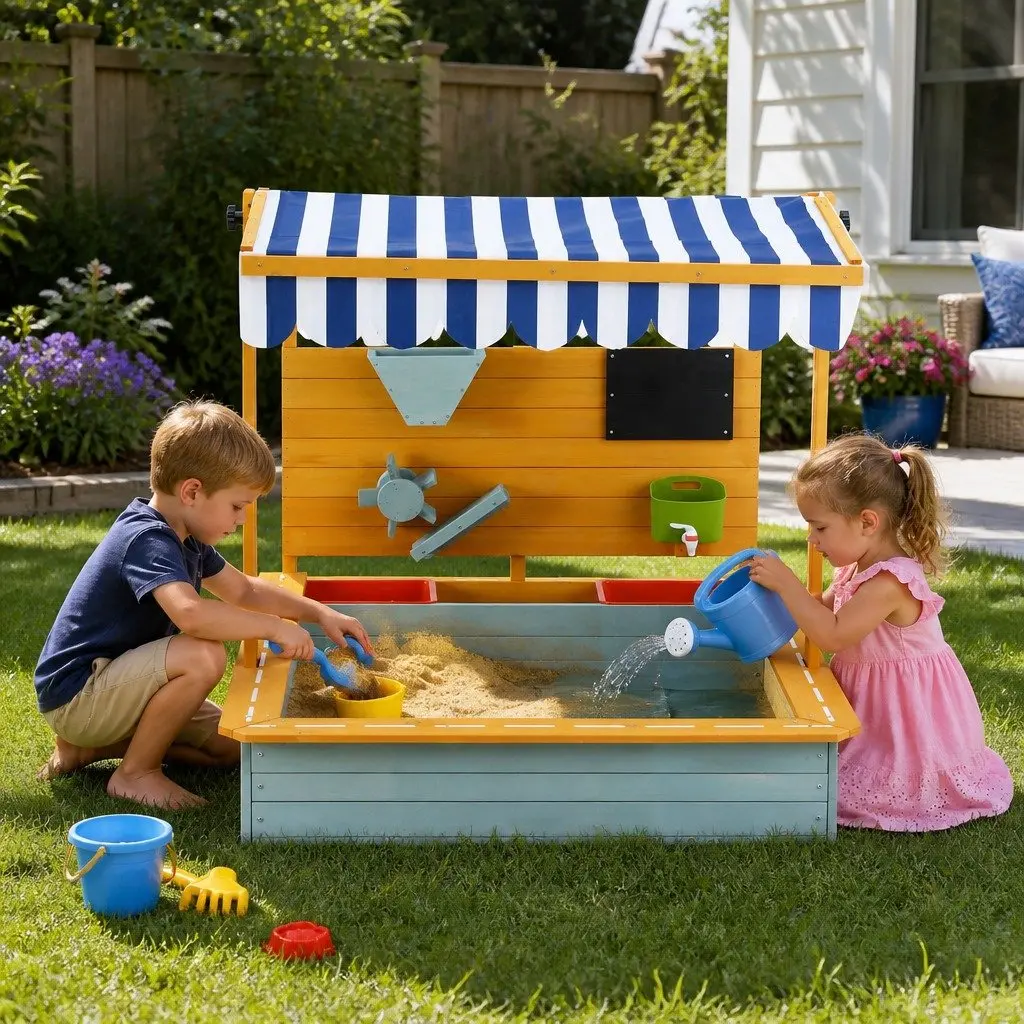 Green Wooden Sandbox With Adjustable Canopy