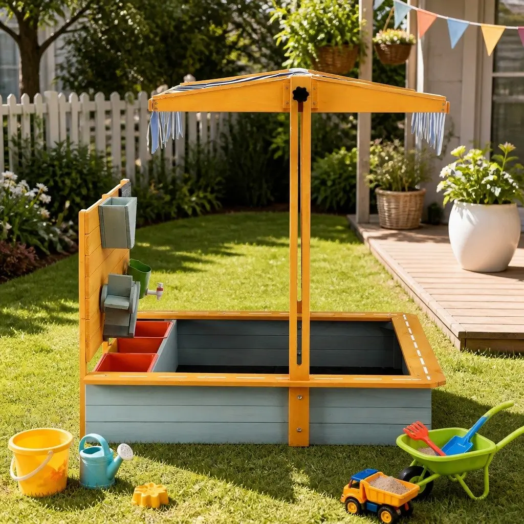Green Wooden Sandbox With Adjustable Canopy