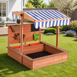 Wooden Sandbox with Adjustable Canopy for Kids