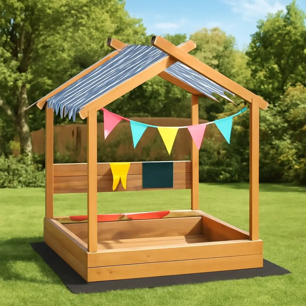 Wooden Sandbox with Canopy Water Basin Drawing Board Outdoor Play Natural Size W113 D117 H1465 cm