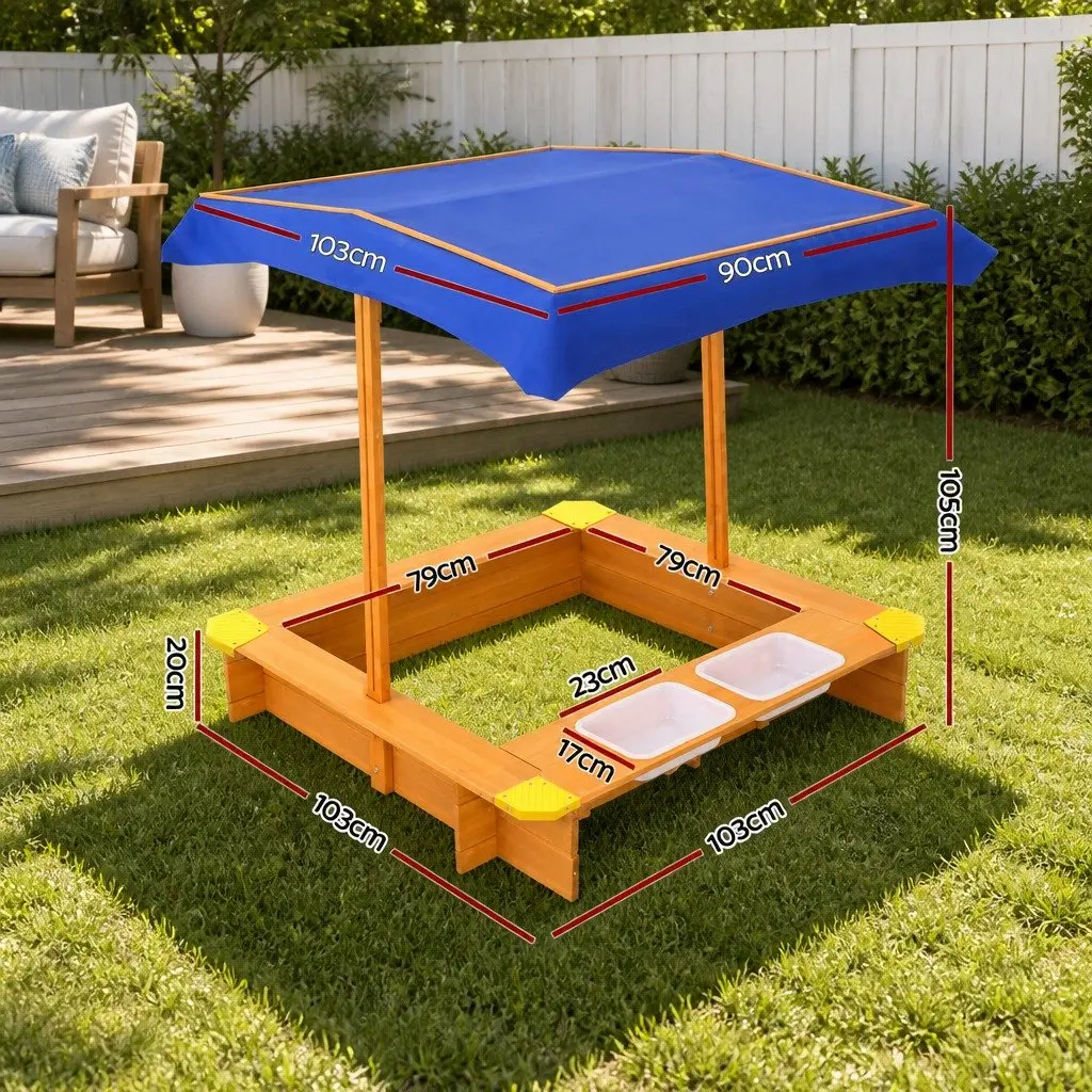 Kids Sandbox Wooden 103cm Natural Wood with Adjustable Canopy and Dual Water Basins