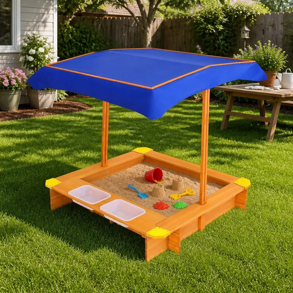 Kids Sandbox Wooden 103cm Natural Wood with Adjustable Canopy and Dual Water Basins