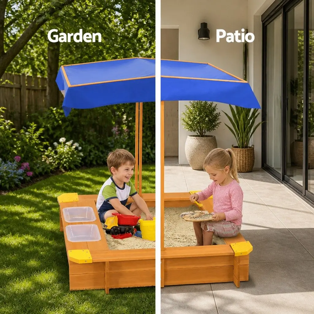 Kids Sandbox Wooden 103cm Natural Wood with Adjustable Canopy and Dual Water Basins