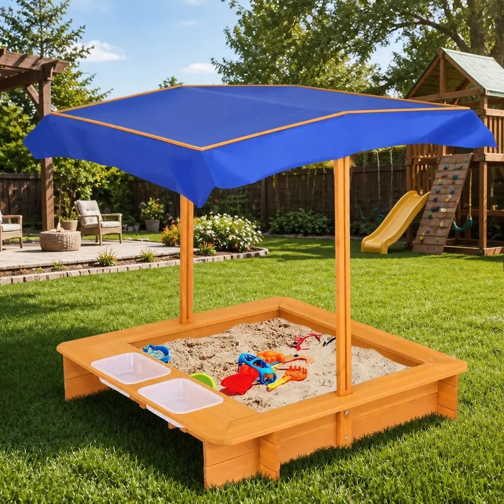 Kids Sandbox Wooden 103cm Natural Wood with Adjustable Canopy and Dual Water Basins