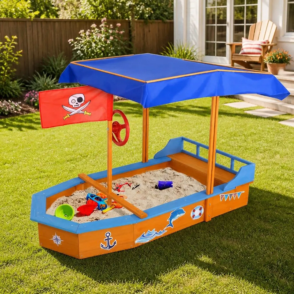 Kids Wooden Boat Sandbox with Canopy 150cm