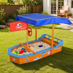 Durable Kids Wooden Boat Sandbox with Canopy 150cm