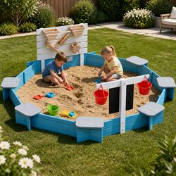 Wooden Round Sandpit with Funnel and Bench for Kids