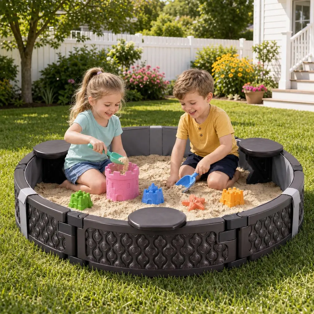 Round Kids Sandpit with Cover and Seats 121cm